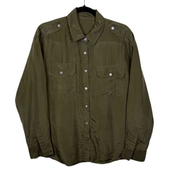 J Brand Edie Silk Button Front Blouse Olive Green Military Style Pockets Size XL - Picture 2 of 10